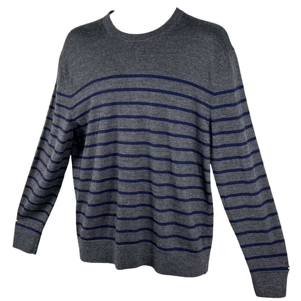 Banana Republic Mens L 100% Merino Wool Gray Navy Striped Sweater Quiet Luxury